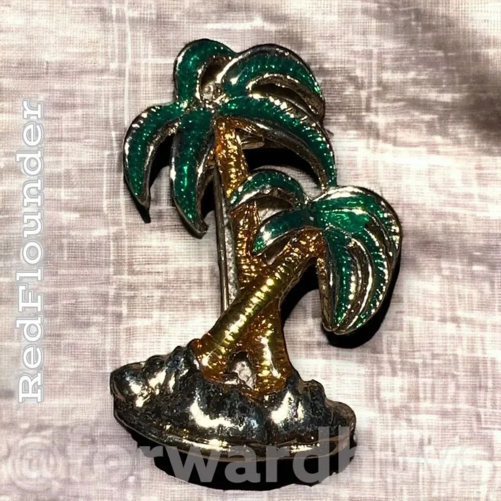 Vintage Gold Tone & Enamel Palm Tree Brooch